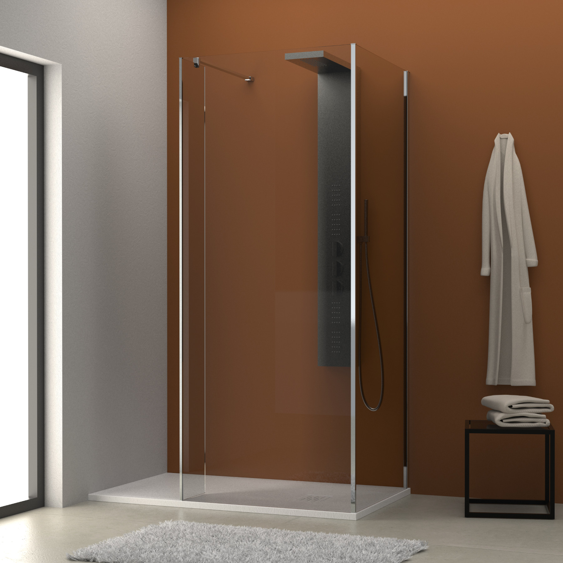 Doccia Walk In angolare con paraschizzi HELSINKI 100x140 cm  cristallo 8mm con pellicola sicurezza (100+140+25)