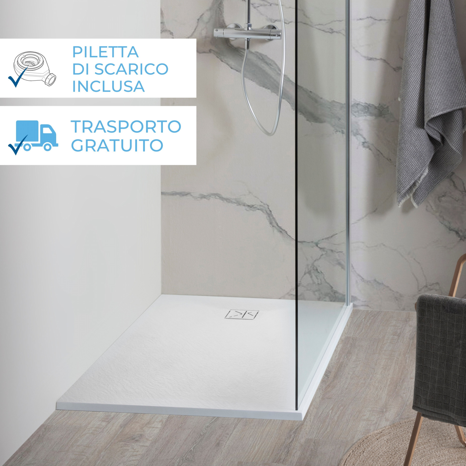 Piatto Doccia VERONA 120x70 cm ultraslim 2,6 cm effetto pietra, con piletta, Bianco Opaco